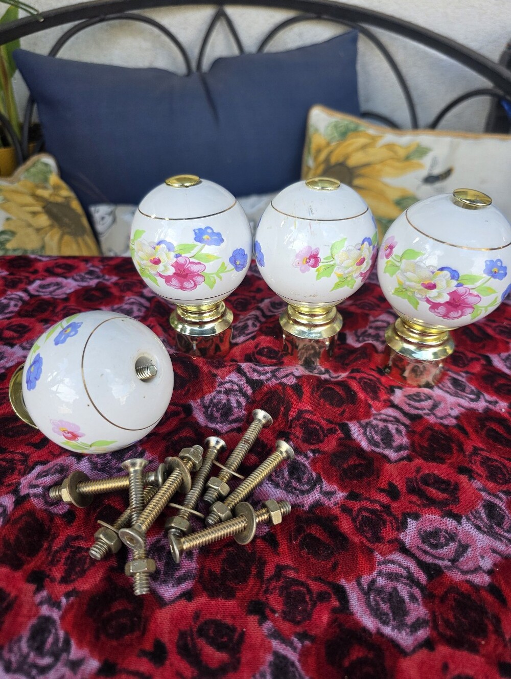 Vintage Decorative Porcelain and Brass Floral Hardware Set